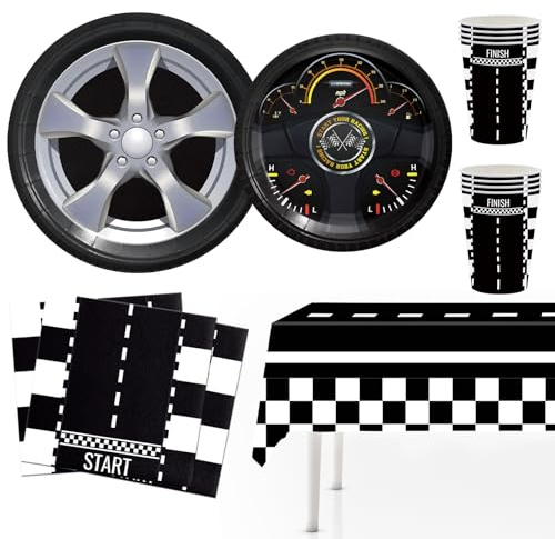 MORAINJAY 51 Pezzi Decorazioni Festa Auto da Corsa, Set Tavola Auto da Corsa, Piatti di Carta a Forma di Pneumatico, Bicchieri, Tovaglioli a Scacchi, Decorazioni Tavola Compleanno Bambini Ragazzi