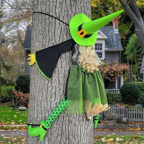 HOIIOH Halloween-Deko Outdoor – 135 cm Halloween Hexe Kracht gegen Baum, Witzige Fliegende Hexendeko zum Hängende für Garten, Vordervoranda, Gruselhaus, Outdoor/Indoor, Hof, Partydeko (Grün)