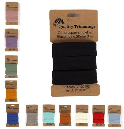 Die Stofftante Jersey Schrägband | vorgefalztes, elastisches Einfassband | aus Baumwoll-Jersey | Coupons á 3 Meter x 20mm (schwarz)