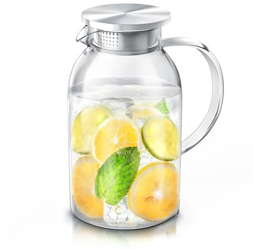 Arendo - Jarra de cristal de 2,3 l con tapa de acero inoxidable – Jarra de cristal – Resistente al calor hasta +150 °C – 2 litros – Jarra de agua resistente al calor y al frío