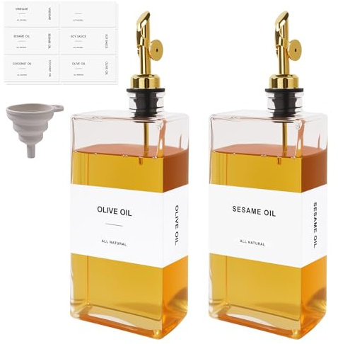 Otauoaea Aceitera 2pcs Dispensador de Aceite,500ml Aceitera Antigoteo Cristal,Botellas de Aceitera y Vinagrera,Aceiteras de Oliva para Cocina,Aceitero Vertedor Automático con Etiquetas y Embudo-Glod