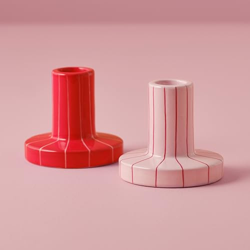 Handbemalte Keramik-Kerzenhalter 2er Set in Rot & Rosa für Tafelkerzen