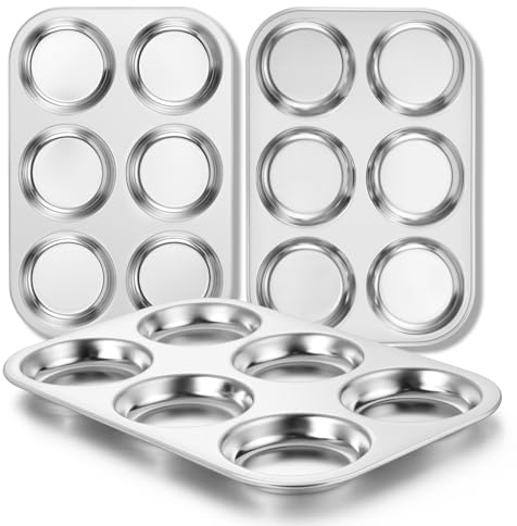 E-far Muffin Top Pan Set of 3, Stainless Steel 6-Cavity Shallow Cupcake Pan for Baking Whoopie Pie, Yorkshire Pudding, Eggs, Cornbread, Drop Cookies, Non-toxic & Standard Size, Oven & Dishwasher Safe