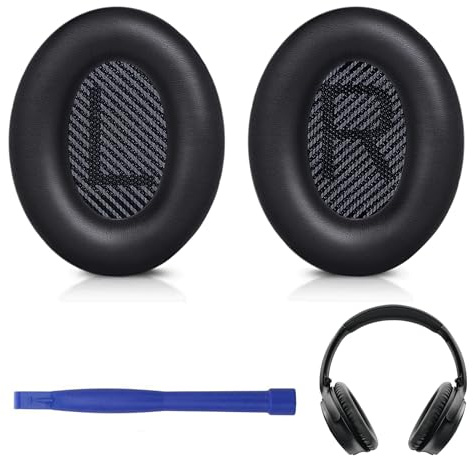 Ersättningskuddar kompatibla med Bose QuietComfort 35 (QC35) & QC35 ii hörlurar, premium minnesskum och öronkåpor i PU-läder för ljudisolering och komfort, svart, 1 par