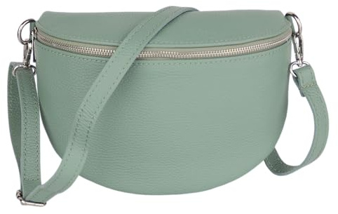 MIRROSI Damen Bauchtasche aus Echtleder, Made in Italy. Als Umhängetasche, Brust- oder Schultertasche tragbar, 26x20x8 cm, Reißverschlussfach hinten. (Mint Basic Version)