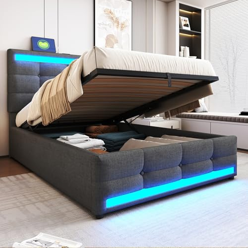 Gxffipw Polsterbett Einzelbetten 90x200 cm mit USB Anschluss und LED Licht, Hydraulisches Bett mit Stauraum und Kopfteil, Jugendbett Bettgestell mit Lattenrost, Leinen, Grau, Ohne Matratze