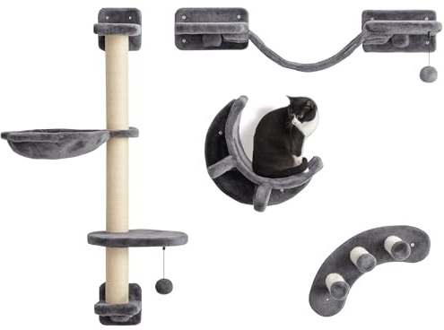 PawHut Kletterwand Katzen, 4-teilig Katzen Wandelemente mit Hängematte, Katzenbrücke, Plattformen, Hängeball, Kratzsäule, Katzenwandmöbel Set für Klettern Spielen Schlafen bis 5 kg Dunkelgrau