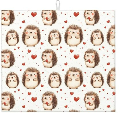Tapete de microfibra para secar platos con estampado de erizo de corazón para encimera de cocina, lavable a máquina, súper absorbente, tapete de secado de platos, 40.6 x 45.7 cm