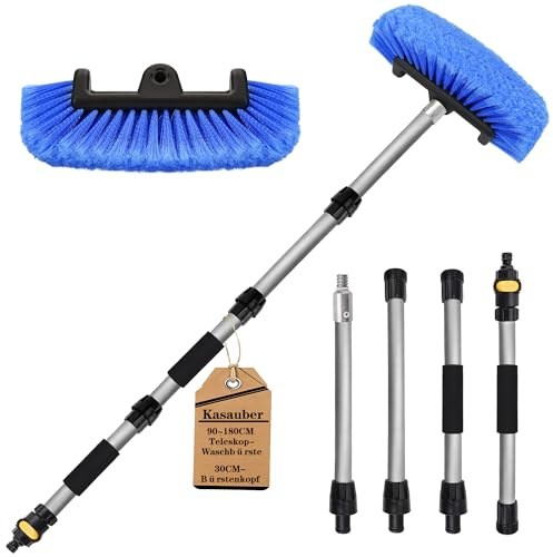 Teleskop Waschbürste mit Wasseranschluss | 180cm Autowaschbürste mit Teleskopstiel | Weiche Auto Reinigungsbürste Autopflege Bürste für Wohnwagen, Wohnmobil, Caravan, Trucks, PKW, LKW, Boot