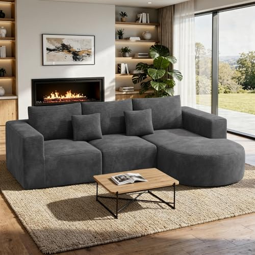 Hawthyhome L Form Ecksofa mit Schlaffunktion 264cm Rechts-Chaise Grau | Boneless Couch,Sofa,Ecksofa mit Liegesessel,Keine Montage,Wohnzimmer,Schlafzimmer