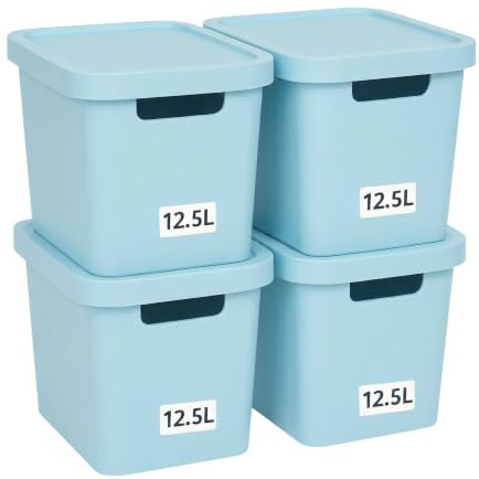 Plastard Aufbewahrungsbox mit Deckel 4er-Set 12,5 Liter in Blau | BPA-Freie Ordnungsbox für Küche, Bad, Büro, Kinderzimmer, Robuste Stapelbare Kunststoffbox, 32 x 22 x 25 cm, Ordnungskiste
