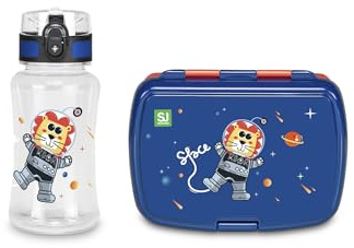 SJ GANG STYLE JAM GANG Set Portamerenda + Borraccia scuola Blu Per Bambini Dotato Di Divisorio Interno, Vassoio Per Piccoli Snack Ermetica Con Chiusura A Bottone