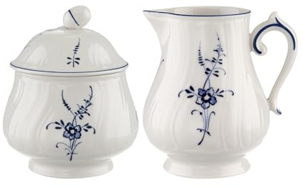 Villeroy & Boch Vieux Luxembourg Lot de 2 pots à lait et sucrier (300 ml) et sucrier (270 ml) avec décor bleu délicat - Porcelaine de qualité supérieure - Blanc
