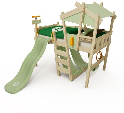 Wickey Kinderbett Hochbett Crazy Snuggy - mit pastellgrüner Rutsche & pastellgrüner Plane