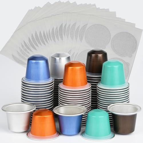 100pcs Disposable Fillable Empty Aluminum Foil Capsules Coffee Pods Set,Make Your Own Espresso Coffee Cups Pod & Seals Sticker Lids Kit Compatible for Nespresso OriginalLine Machine(100 Pods+100 Lids)