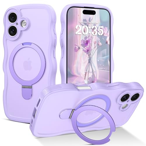 GaoBao Magnetic for iPhone 17 Case with Ring Stand,[Compatible with Magsafe] Curly Wave Frame Phone Case Translucent Matte Back TPU Bumper Cute Shockproof Protective Cover for iPhone 17,Light Purple