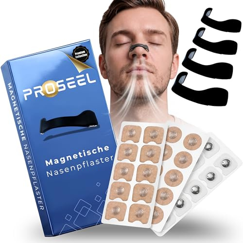 Premium Nasenpflaster Magnet | Magnetischer Nasenspreizer gegen Schnarchen | 4 Grössen + 3 Patch-Arten mit Marken Kleber | Anti Schnarch Nasenstrips Sport & Schlaf | Proseel Starter-Set Schwarz