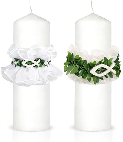 2 Stück Tropfschutz Taufkerze Set, Elegante Tropfschutz Kommunionkerze Dekoration mit Holzfisch und Blättern, Kerzenkranz für Stabkerzen Durchmesser 3-6cm, Perfekt für Kommunion, Taufe
