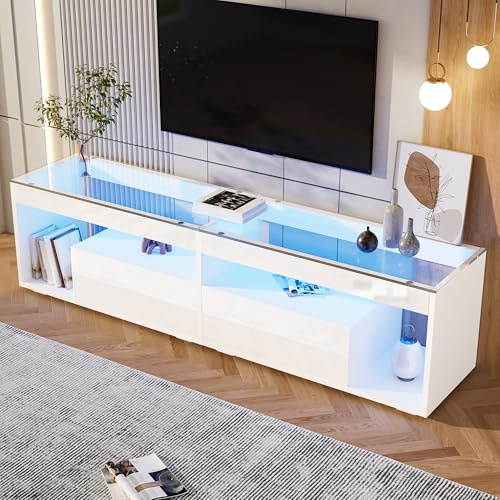Mueble bajo para TV, 180 cm, color blanco brillante, iluminación LED para televisores de hasta 70 pulgadas, con 2 cajones, cristal templado, aparador de salón