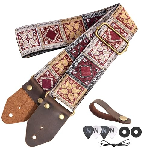 Nefelibata Gitarrengurt, Jacquard-Stickerei Baumwolle Gitarrengurte mit Crazy Horse Leder Enden für Bass, elektrische & akustische,Geschenke für Kinder, Gitarristen