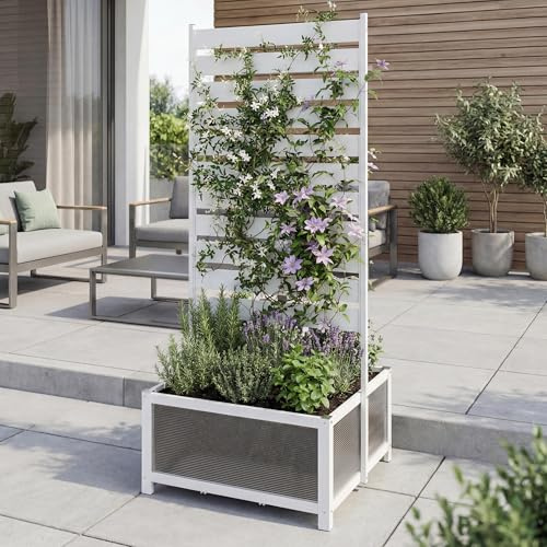 Mendler Jardinera de aluminio con enrejado HWC-P97, macetero enrejado, 110 x 60 x 75 cm, color blanco
