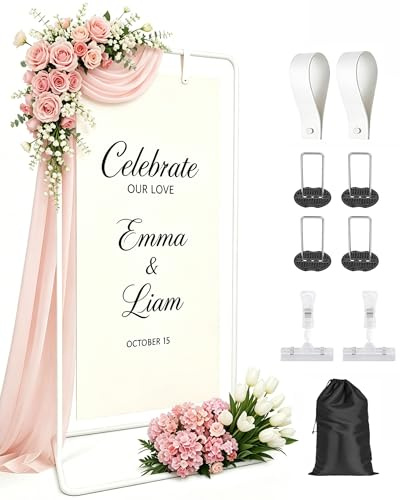 ugaxhome 5.74ft Wedding Welcome Sign Stand Holder Adjustable Height Wedding Arch Backdrop Stand Metal Easel Stand with 2 Leather Straps & Storage Bag for Wedding Decorations,Ceremony,Reception(White)