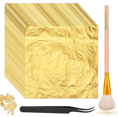SULIKJHUI 100 Blatt Blattgold Imitation Blattgold mit Pinsel und Pinzette | zum Basteln, Gold Papier für Bastel Goldblätter, Goldpapier Acrylmalerei Goldblattblätter DIY(14x14cm), Essbar