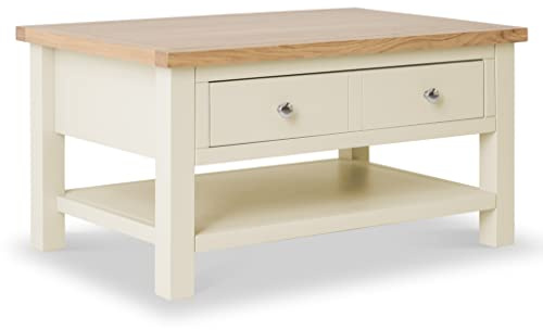 RoselandFurniture Farro Cream Large Coffee Table for Living Room with Drawer, Shelf & Oak Top | Painted Solid Wooden Country Farmhouse Rectangular Storage Table | H:45cm W:85cm D:55cm