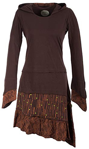 Vishes - Alternative Bekleidung - Lagenlook Langarm Patchwork Elfenkleid mit Zipfelkapuze und Rüschen braun 42