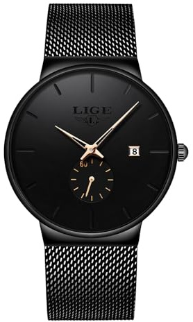 LIGE Montres Homme | 3ATM Waterproof Vintage Quartz Date Mens Watches Black Mesh Stainless Steel Strap Business Casual Simple Analogue Wrist Watch Montre Etanche Homme,Aiguille d'or