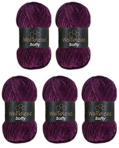 Wollbiene Softy, 5 gomitoli di lana di ciniglia da 100 grammi, per lavorare a maglia, lana per bambini, 500 grammi di ciniglia Super Bulky Crochet Yarn (viola 87)