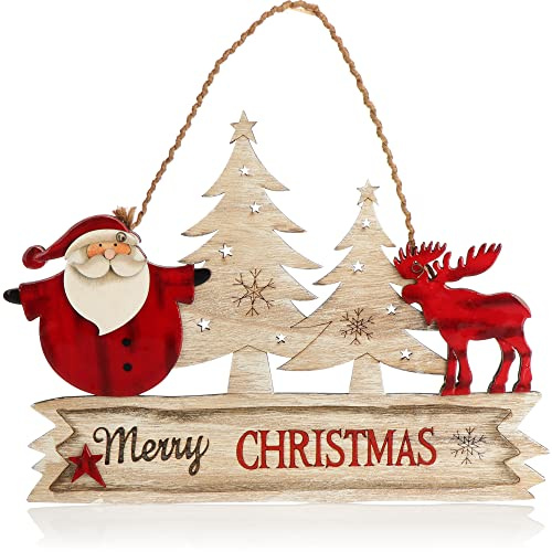 COM-FOUR® Decoración Colgante de Navidad - Letrero de Madera para Colgar con Papá Noel y Alce - Letrero de Madera para Puerta Navidad para Puerta, Ventana o Pared (Letras de Alces)