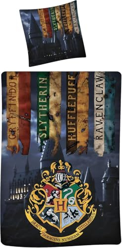 Harry Potter Hogwarts Funda Nórdica Cama 90 140x200 + Funda Almohada 65x65 | Ropa de cama reversible | Algodón natural transpirable | Wizarding World | Adolescente | Regalo | Lavable a máquina