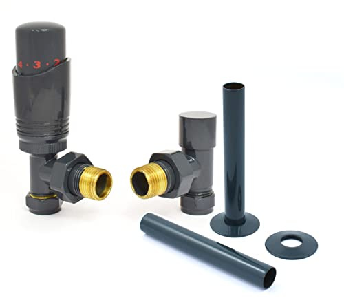 Hot Flow Anthracite Cascade Angled Modern TRV Thermostatic Radiator Valve (Pair) Includes Angled TRV Body, One Lock Shield & Pipe Sleeve for Quick & Easy Temperature Control.