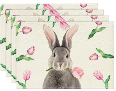 Artoid Mode Tulpe Hase Ostern 4er Set Platzsets, Saisonaler Frühling Küche Tisch Dekoration Drinnen Urlaub Party Dekor 30x45cm