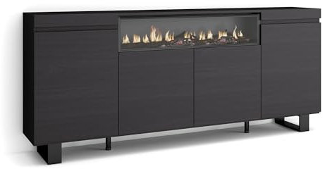 Skraut Home | Aparadores para salón | Gran Capacidad de almacenaje | 200x87x35cm | 4 Puertas | Chimenea eléctrica | Diseño Industrial | Estilo Moderno | Negro