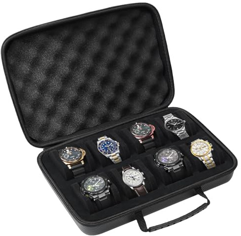 CAIOVSE Watch Travel Case, 8 Slots Watch Storage Box for Men, Hard Watch Organizer With Removable Shockproof Watch Pillows (8 Slots)