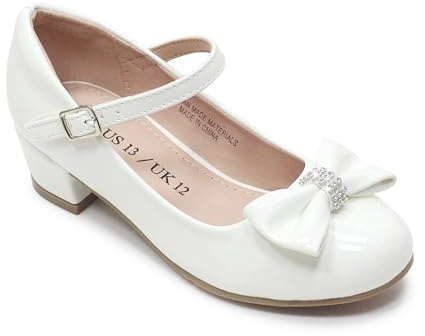 LseLom Girls White Dress Shoes Mary Jane Shoes for Girls Low Heel Hook and Loop Bowknot Flats for School Wedding Party White US 1