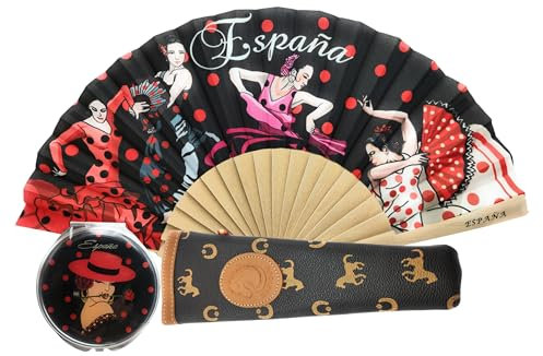 Planta Color Abanico Plegable de Tela de Algodón sobre Madera de Bambú con Funda Artesanal Fabricada en España. Incluye un precioso espejo redondo. (Espejo redondo negro)