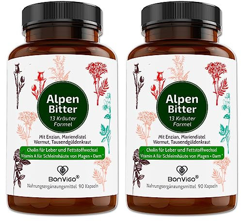 BonVigo® AlpenBitter 14 Kräuter mit Mariendistel, Salbei, Wermut, Löwenzahn - Cholin hochdosiert unterstützt Leber, Fettstoffwechsel, Verdauung - Bitterstoffe nach Hildegard von Bingen - 180 Kapseln