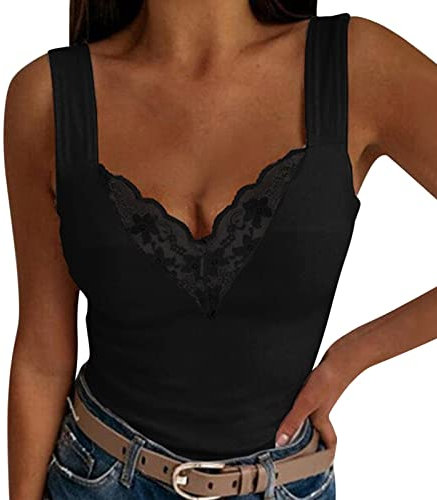 Tank Top Damen Sexy Ärmellose T Shirt V Ausschnitt Spitzen Oberteile Sommer Rückenfreies Bluse Trägershirt Lässig Spitzentop Basic Slim Fit Solide Frauen Tanktops & Träger-Tops