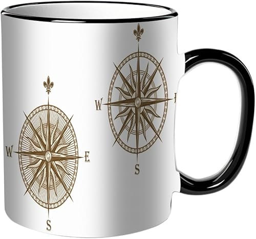 KDWJS Tasse Keramik Kaffeetassen Große 11oz Tassen 330ml Trinkgläser Mit Griff Personalisierte Geschenk Weiß,Zwei Vintage-Kompasse im mittelalterlichen Stil für Reisen oder ein anderes Konzeptdesign.