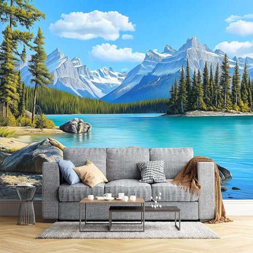 Schneebedeckte Berge, Seen Fototapete - Grüne Wälder - Größe 300X210Cm (Breite X Höhe) Wandtapete Tapete, Wandbild Wandtattoo Dekoration - Tapete, Kinderzimmer, Kindertapete