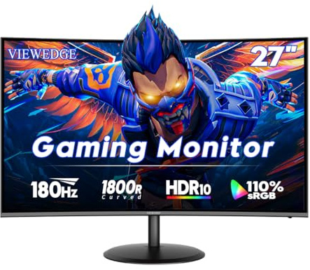 Viewedge - 27 Curved Gaming Monitor, 180Hz, FHD 1080P VA 1800R Display, 1ms Computer Monitor with FreeSync, Low Motion Blur, DisplayPort, HDMI Monitor