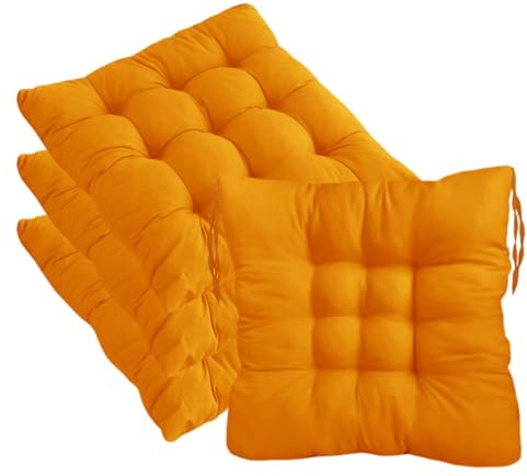 4 Pack Outdoor Seat Cushions with Secure Tie Straps, 40x40cm Non-Slip Durable Chair Pads, Vibrant Pure Colour Cotton Soft Chair Cushions Pads for Dining, Kitchen, Patio & Garden Chairs (orange)