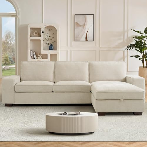 DUANDUAN 250CM Convertible Sektionssofa Couch mit Chaise Lagerung, Moderne L-förmige Reversible Design, Bequeme Chenille Stoff, abnehmbare Kissenbezüge USB Typ-C Ports Wohnzimmer(Beige)