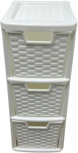ALEEZ - Medium Rattan Style Drawers Unit - Tabletop Storage Organizer - Stackable Storage Units - Multipurpose Storage Cabinet for Home, Office & Kitchen (3 Tier White)