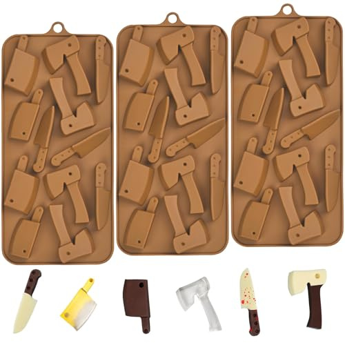 Juego de 3 moldes de chocolate para cuchillos de Halloween, moldes de silicona para caramelos de resina, jabón, fondant, herramientas de decoración de cupcakes