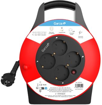 Garza - Enrollacables 5 m, 4 tomas con toma de tierra, doméstico interior, protección infantil, sobretensión y sobrecalentamiento, tambor eléctrico enrollable, rojo y negro, IP20, garantía 3 años