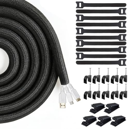 Black Cable Tidy, 13mm - 3m Sleeve Cord Protector Wire Loom Tubing with 10 PCS Reusable Cable Ties, 10PCS 8mm Round Cable Tacks For USB Cable Power Cord Audio Video Cable (5mm)
